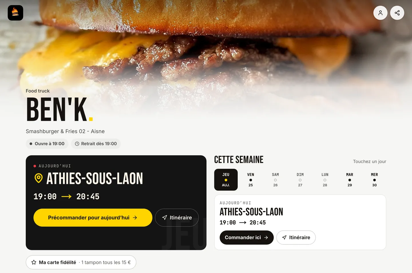 La boutique en ligne de Ben’K sur ordinateur : l’emplacement du jour, les horaires, la semaine du food truck et la carte fidélité.